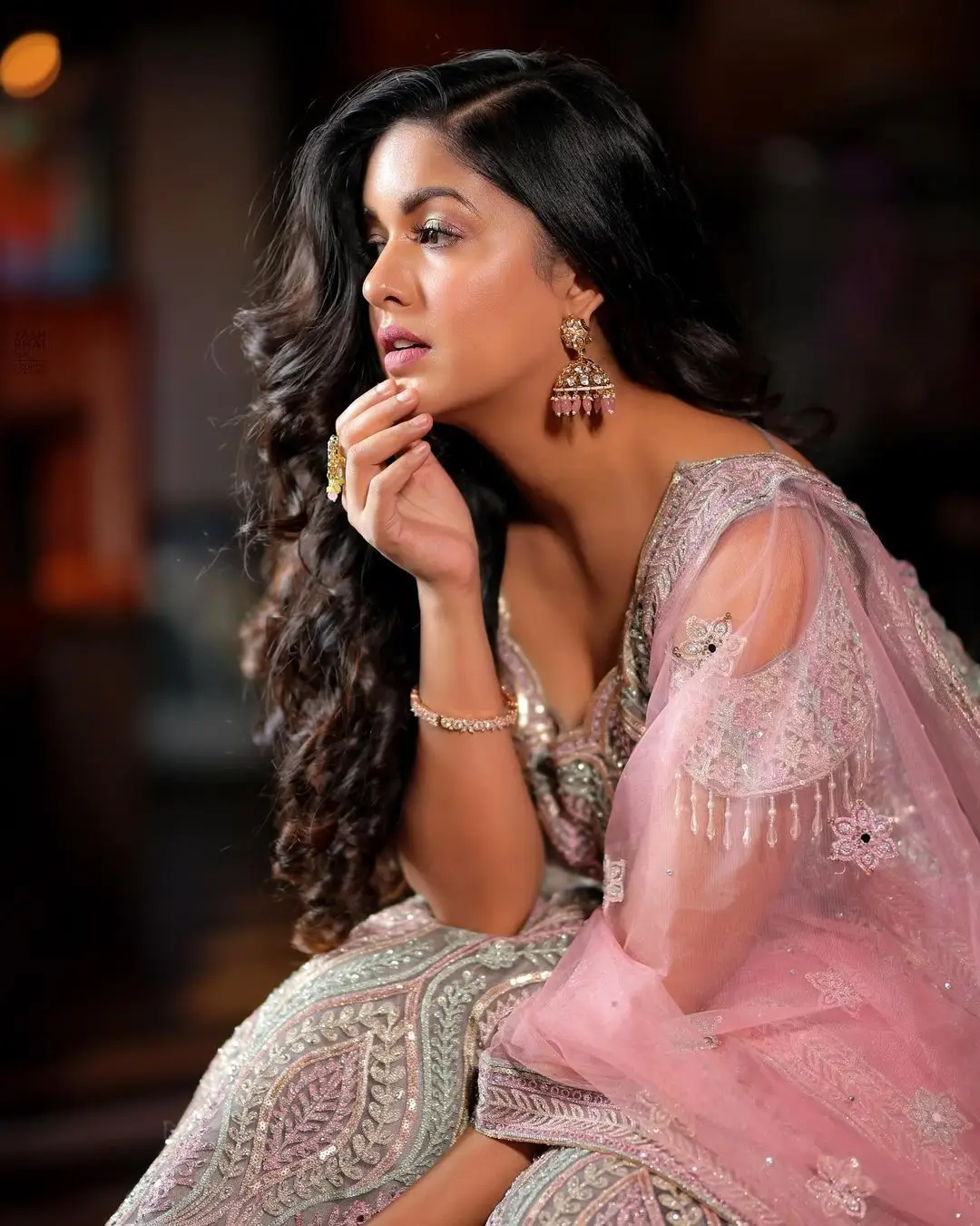 Meghana Raj Wearing Beautiful Earring Pink Gown